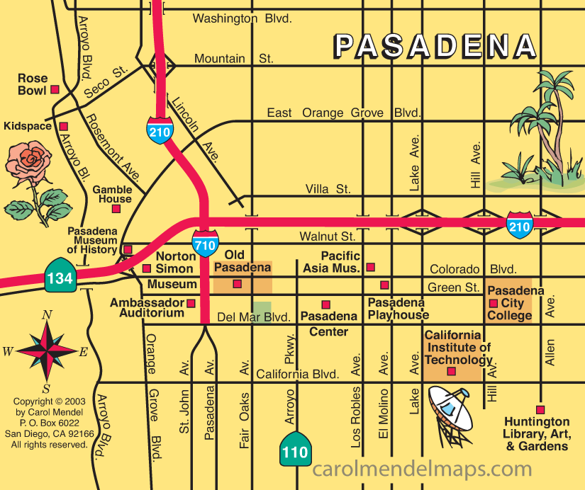Map of downtown Pasadena, with pictorial illustrations