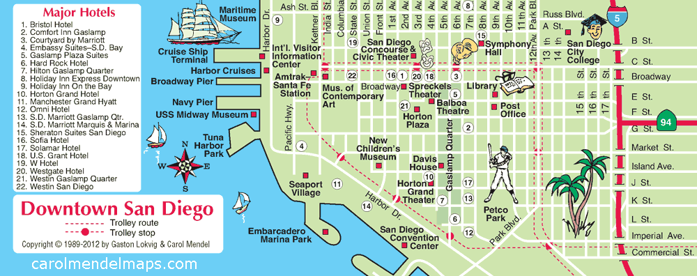 pictorial, illustrated map of downtown San Diego