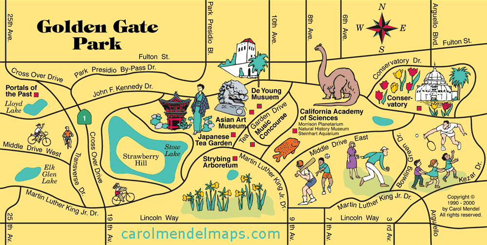 pictorial, illustrated map of Golden Gage Park, San Francisco